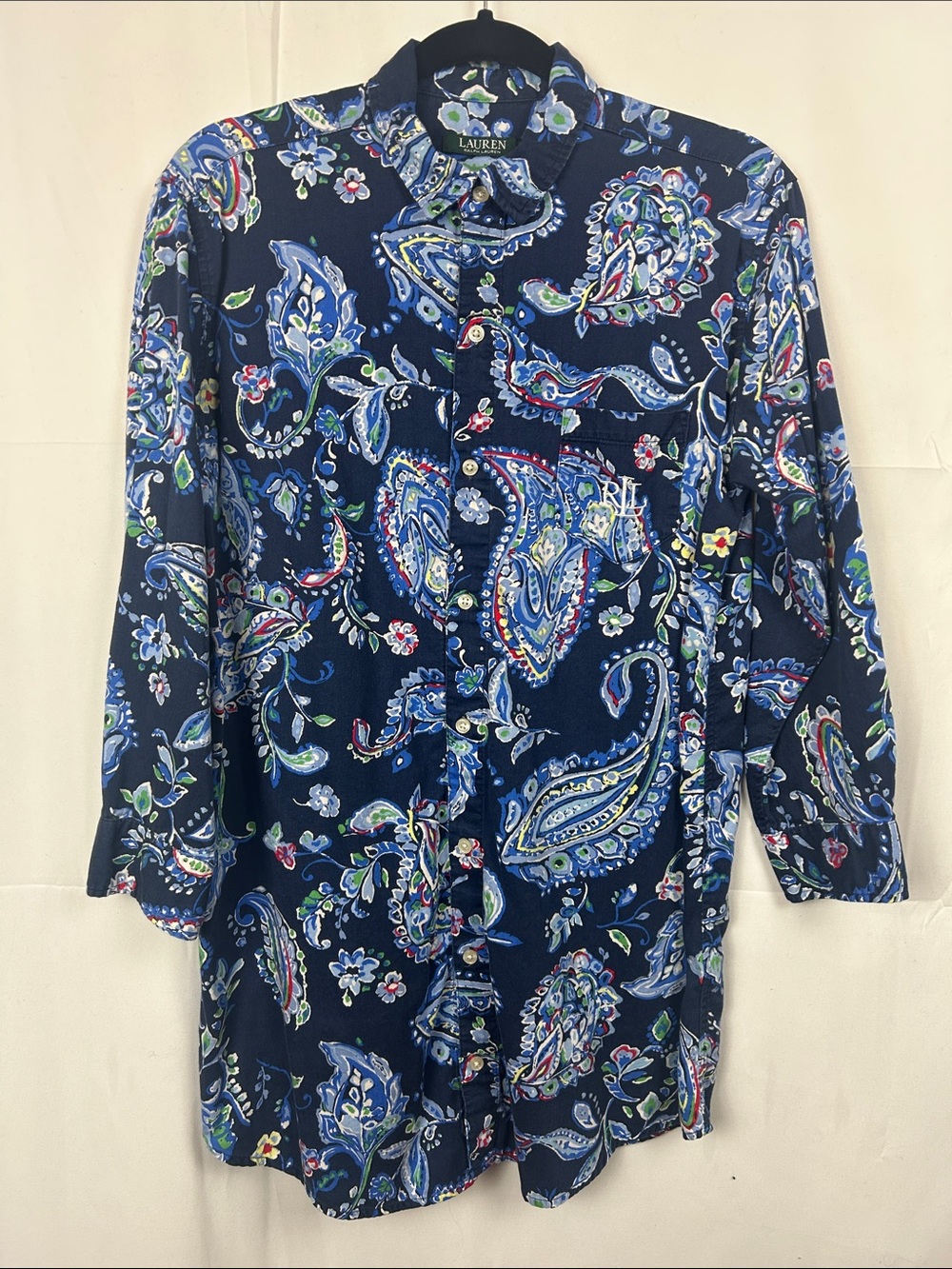 Ralph Lauren Navy Blue Paisley Button-Up Sleep Shirt